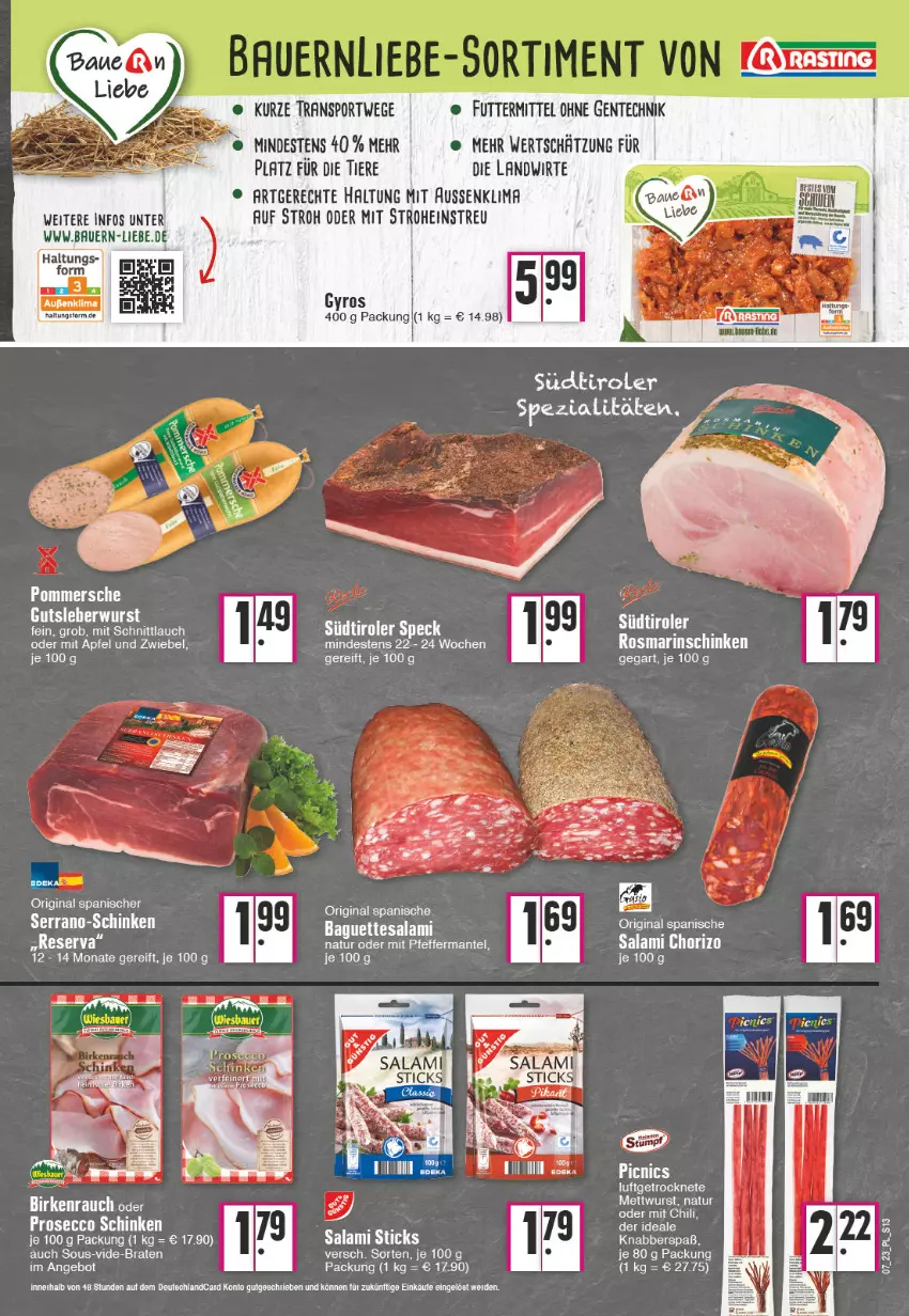 Aktueller Prospekt E Center - Angebote der Woche - von 13.02 bis 18.02.2023 - strona 13 - produkty: angebot, apfel, auer, Bau, Bauer, braten, chili, chorizo, eis, ente, erde, gin, gutsleberwurst, gyros, leberwurst, Mantel, natur, pfeffer, Pommersche, Rauch, rosmarin, salami, schinken, schnittlauch, serrano, Sport, südtiroler, tee, Ti, Tiere, wurst, zwiebel