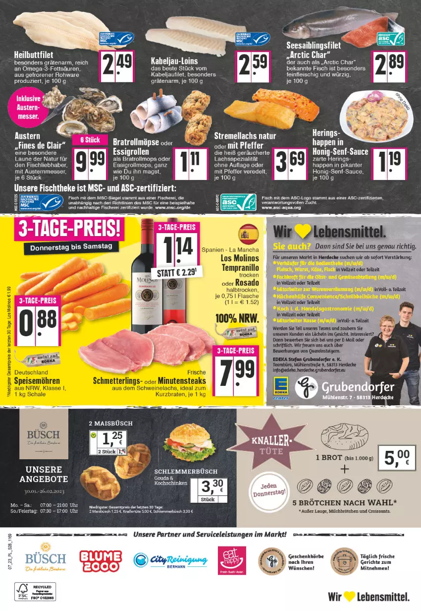 Aktueller Prospekt E Center - Angebote der Woche - von 13.02 bis 18.02.2023 - strona 28 - produkty: angebot, angebote, aust, Austern, bier, braten, brot, brötchen, Croissant, croissants, decke, eier, eis, erde, essig, filet, fisch, fische, Fischer, fischtheke, flasche, fleisch, hering, Herings, honig, Honig-Senf, kabeljaufilet, lachs, lebensmittel, messer, Mett, milch, Milchbrötchen, minutensteaks, möhren, natur, omega, Omega-3, reis, ring, Saibling, sauce, Schal, Schale, Schere, Schmetterling, schwein, schweine, Schweinelachs, Seesaiblingsfilet, senf, speisemöhren, Spezi, steak, steaks, tee, tempranillo, Ti, uhr, wein, weine, ZTE