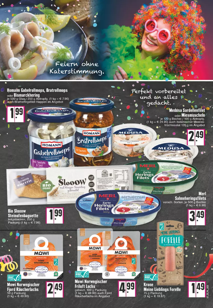 Aktueller Prospekt E Center - Angebote der Woche - von 13.02 bis 18.02.2023 - strona 3 - produkty: angebot, baguette, Becher, bismarck, elle, filet, filets, forelle, früchte, gabel, geback, hering, Herings, heringsfilets, homann, lachs, LG, Muscheln, Ofen, Räucherlachs, rel, ring, rwe, sahne, salat, steinofen, tesa, Ti