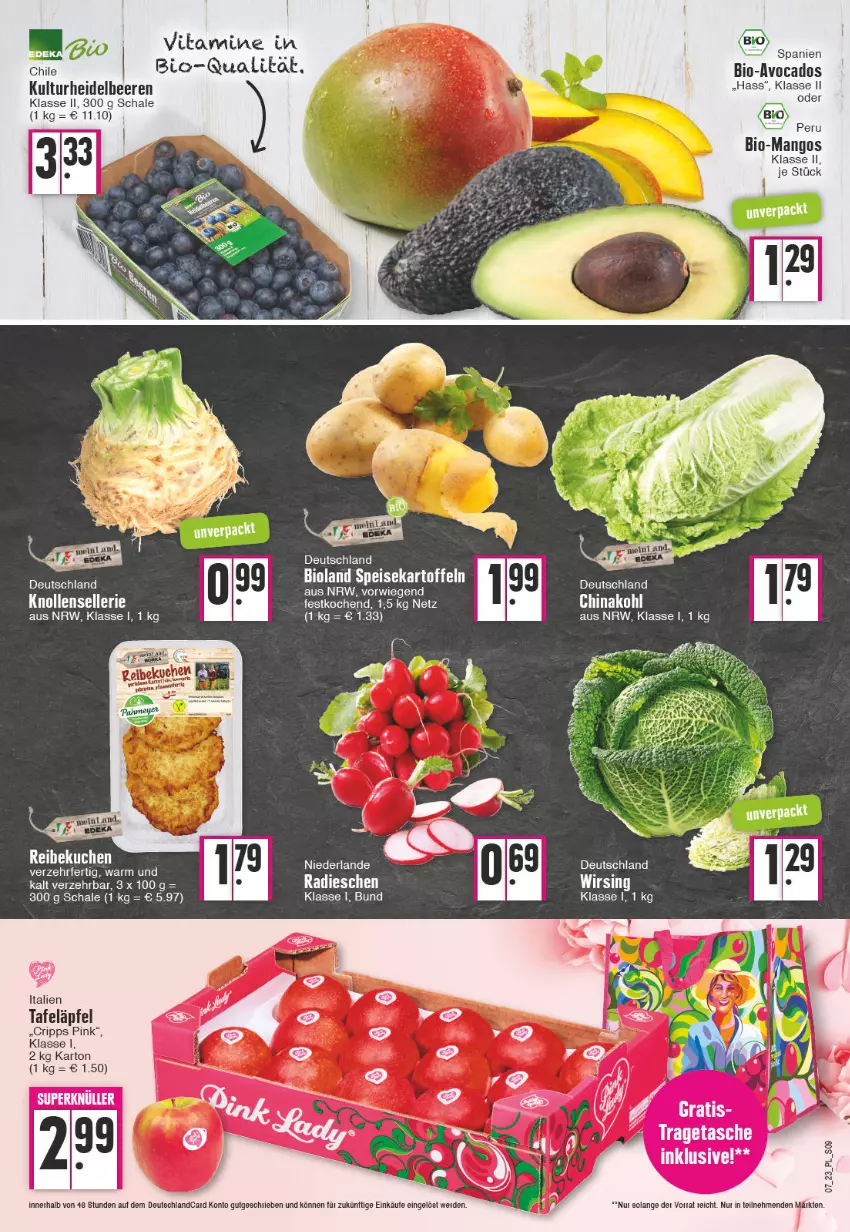 Aktueller Prospekt E Center - Angebote der Woche - von 13.02 bis 18.02.2023 - strona 9 - produkty: avocado, avocados, beere, beeren, bio, bioland, eis, elle, erde, heidelbeere, heidelbeeren, kartoffel, kartoffeln, kuchen, mango, mangos, radieschen, Schal, Schale, speisekartoffeln, tafeläpfel, Tasche, Ti, tragetasche, vita, Vitamine