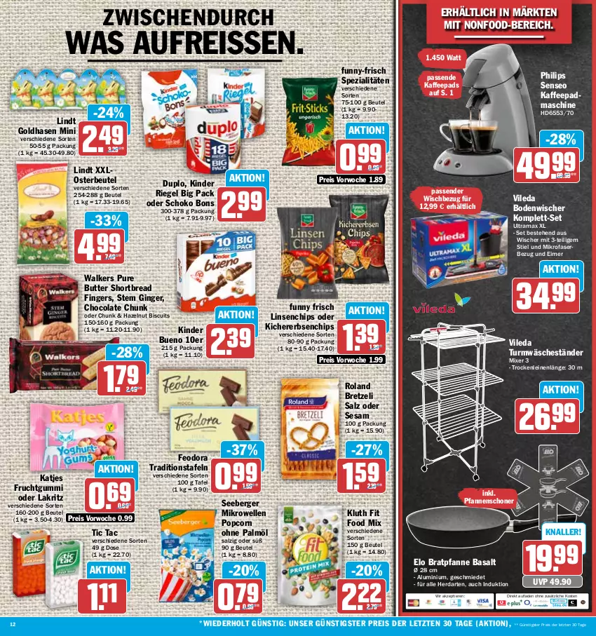 Aktueller Prospekt Hit - Prospekte - von 06.03 bis 11.03.2023 - strona 12 - produkty: Berger, beutel, bodenwischer, bratpfanne, butter, chips, cola, duplo, eimer, eis, elle, erbsen, frucht, fruchtgummi, Funny Frisch, funny-frisch, gin, ginger, herdarten, kaffee, kaffeepads, katjes, kichererbsen, Kinder, kinder bueno, kinder riegel, Lakritz, leine, lindt, linsen, mikrofaser, mikrowelle, Mixer, oder lakritz, ohne palmöl, pfanne, pfannen, Philips, popcorn, rama, reis, reiss, riegel, salz, schoko, seeberger, senseo, sesam, Spezi, Ti, Tiere, vileda, ZTE