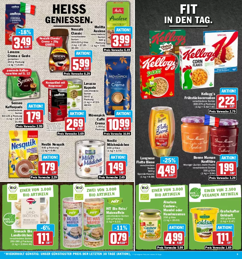 Aktueller Prospekt Hit - Prospekte - von 06.03 bis 11.03.2023 - strona 9 - produkty: Becher, bio, bonne maman, brötchen, Cashew, cerealien, eis, espresso, flasche, frucht, goldsaft, grafschafter, haselnuss, kaffee, kaffeemaschine, kaffeepads, konfitüre, langnese, lavazza, mais, Maiswaffeln, mam, mandel, melitta, milch, mövenpick, natur, natura, Nescafé, nespresso, nesquik, nestlé, nuss, reis, ritter, saft, senseo, sinnack, Ti, waffeln, ZTE, zucker