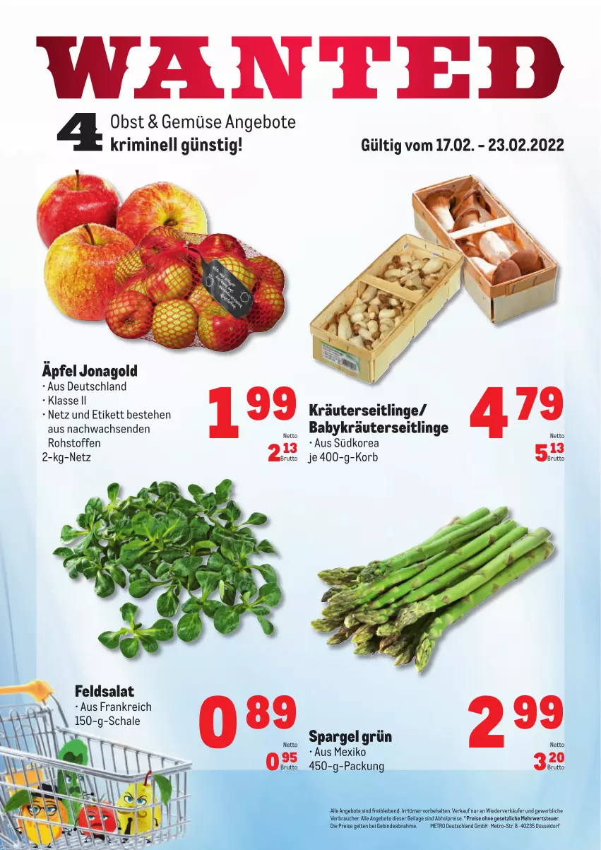 Aktueller Prospekt Metro - Obst & Gemüse Frischepreise - von 17.02 bis 23.02.2022 - strona 1 - produkty: abholpreise, angebot, angebote, brut, eis, feldsalat, ilag, korb, kräuter, Kräuterseitlinge, Metro, obst, Rauch, reis, rwe, salat, Schal, Schale, spargel, spargel grün, Ti