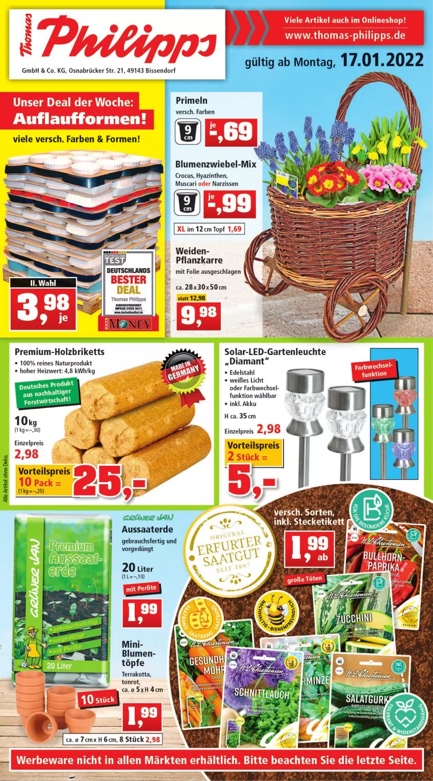 Aktueller Prospekt Thomas Philipps - Prospektwerbung - von 17.01 bis 21.01.2022 - strona 1 - produkty: akku, blume, blumen, briketts, edelstahl, eis, erde, Garten, Holz, Holzbriketts, Leuchte, Narzissen, natur, Primeln, Rauch, reis, Ti, topf, vorteilspreis, zwiebel