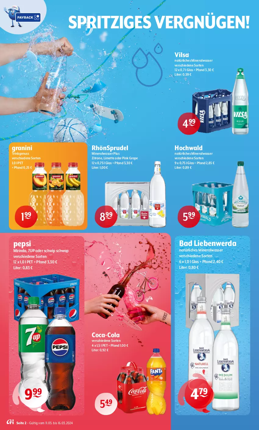 Aktueller Prospekt Getraenke Hoffmann - Prospekte - von 11.03 bis 16.03.2024 - strona 2 - produkty: 7UP, Alwa, Bad, Bad Liebenwerda, coca-cola, cola, granini, hochwald, limette, Mett, mineralwasser, Mirinda, natürliches mineralwasser, nuss, pepsi, RhönSprudel, rind, Schwip Schwap, Sprudel, Ti, vilsa, wasser, zitrone