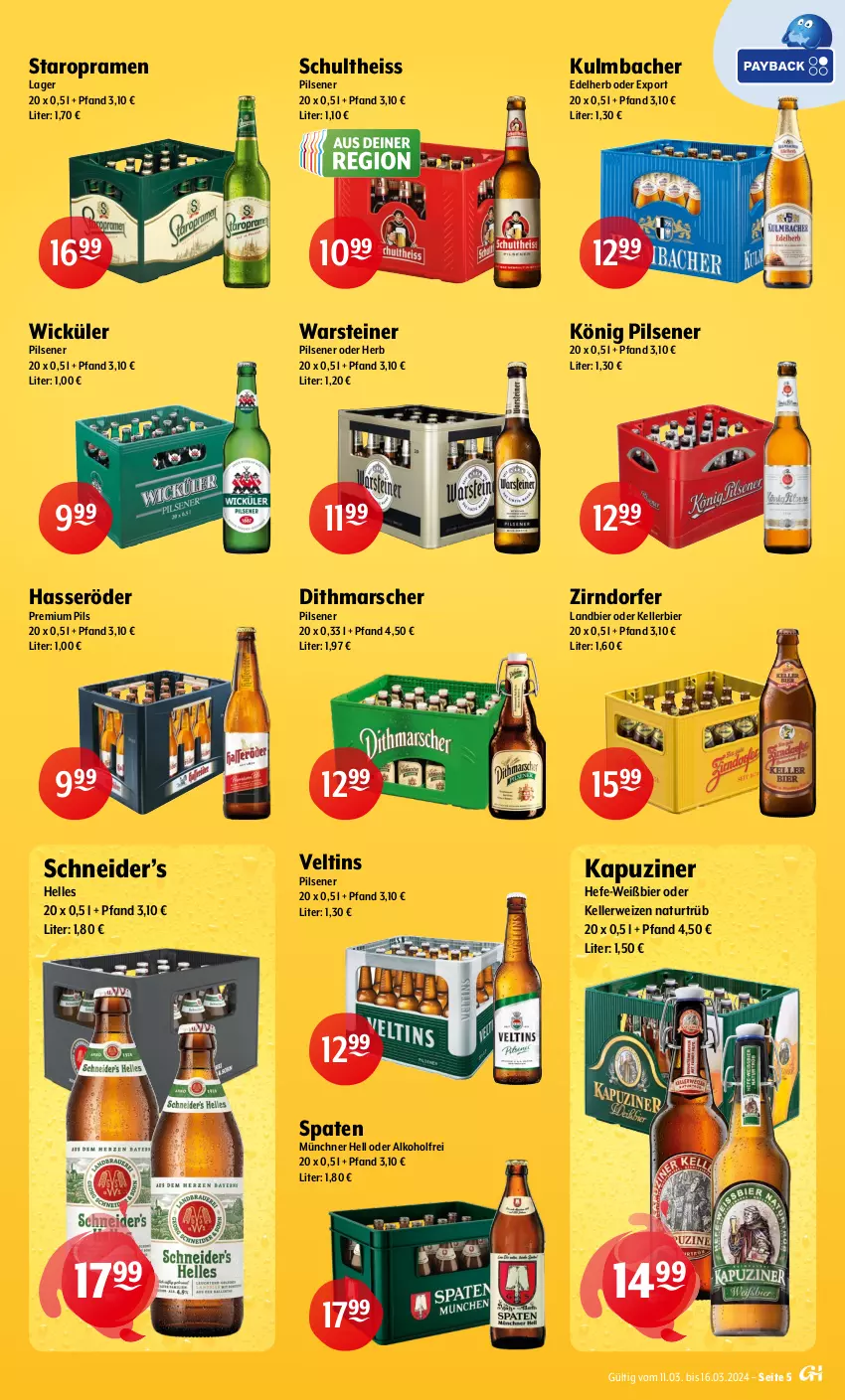 Aktueller Prospekt Getraenke Hoffmann - Prospekte - von 11.03 bis 16.03.2024 - strona 5 - produkty: alkohol, bier, eis, elle, hasseröder, Hefe, kellerbier, könig pilsener, mars, natur, pils, pilsener, premium pils, rwe, Schultheiss, Spaten, Staropramen, steiner, Ti, veltins, veltins pilsener, warsteiner, WICK