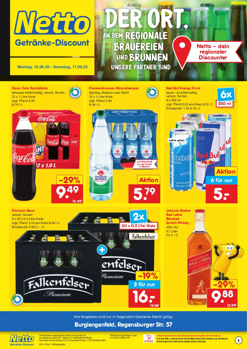 Aktueller Prospekt Netto Marken-Discount - Getränkemarkt in deiner Nähe - von 15.03.2021 bis 17.06.2023 - strona 1 - produkty: Alwa, angebot, angebote, auer, Bad, bestpreis, bier, Biere, blended scotch, blended scotch whisky, brunnen, burger, coca-cola, cola, discount, drink, eis, elle, energy drink, getränk, getränke, Holz, johnnie walker, LG, marken-discount, mineralwasser, ndk, red bull, regensburger, reis, scotch, scotch whisky, Ti, wasser, whisky, ZTE