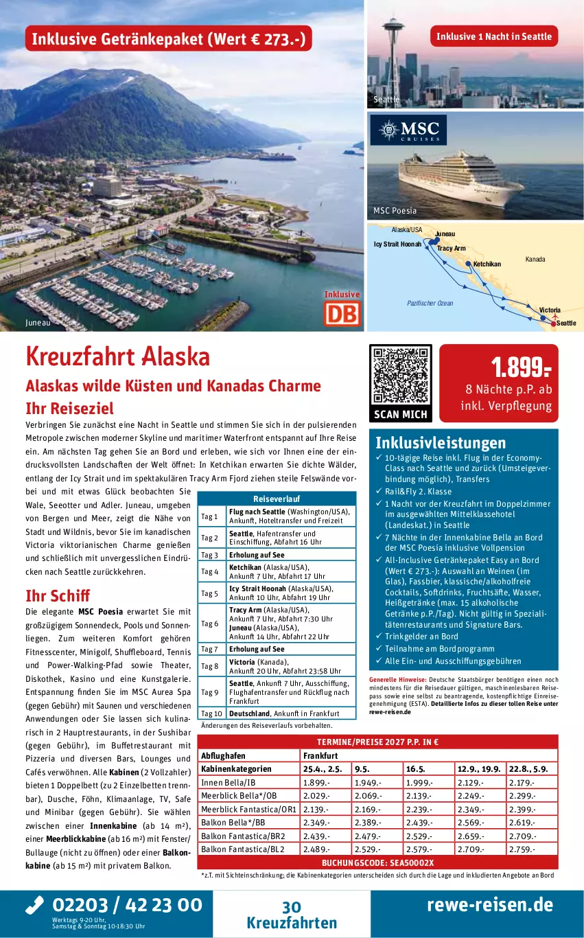 Aktueller Prospekt Rewe Reisen - Reiseprospekt - von 28.08 bis 25.09.2026 - strona 30 - produkty: alkohol, alkoholische getränke, angebot, angebote, asti, auer, balkonkabine, bett, Betten, bier, buch, cocktail, cocktails, drink, drinks, dusche, eis, elle, ente, fanta, fenster, fisch, fische, Fischer, frucht, fruchtsäfte, getränk, getränke, inklusivleistungen, kreuzfahrten, Liege, meerblickkabine, Metro, Mode, natur, pool, reis, reiseverlauf, rel, Ria, ring, säfte, sonnenliege, Spezi, Sushi, Thea, Ti, timer, uhr, wasser, wein, weine, Wild