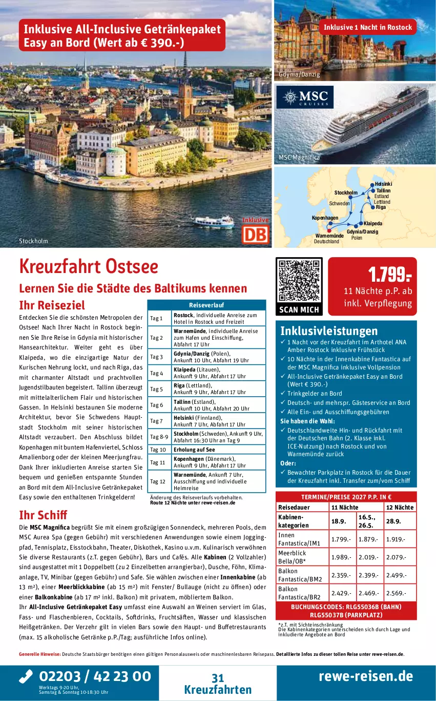 Aktueller Prospekt Rewe Reisen - Reiseprospekt - von 28.08 bis 25.09.2026 - strona 31 - produkty: alkohol, alkoholische getränke, Amber, angebot, angebote, asti, auer, balkonkabine, Bau, bett, Betten, bier, Biere, buch, cocktail, cocktails, decke, drink, drinks, dusche, eis, elle, fanta, fenster, flasche, frucht, fruchtsäfte, getränk, getränke, gin, harman, inklusivleistungen, Jungfrau, kreuzfahrten, leine, LG, meerblickkabine, Metro, Mode, natur, Persona, pool, reis, reiseverlauf, rel, säfte, Thea, Ti, uhr, wasser, wein, weine