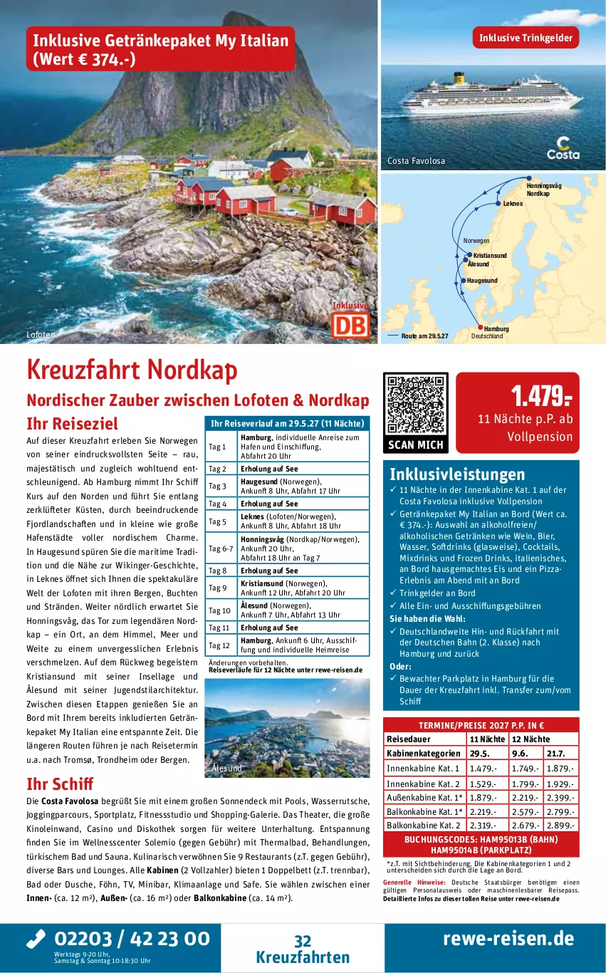 Aktueller Prospekt Rewe Reisen - Reiseprospekt - von 28.08 bis 25.09.2026 - strona 32 - produkty: alkohol, auer, Bad, balkonkabine, bett, bier, buch, cocktail, cocktails, drink, drinks, dusche, eis, elle, ente, getränk, getränke, gin, inklusivleistungen, kreuzfahrten, leine, mac, Persona, pizza, pool, reis, reiseverlauf, rel, rwe, Sport, Thea, Ti, tisch, uhr, wasser, wasserrutsche, wein
