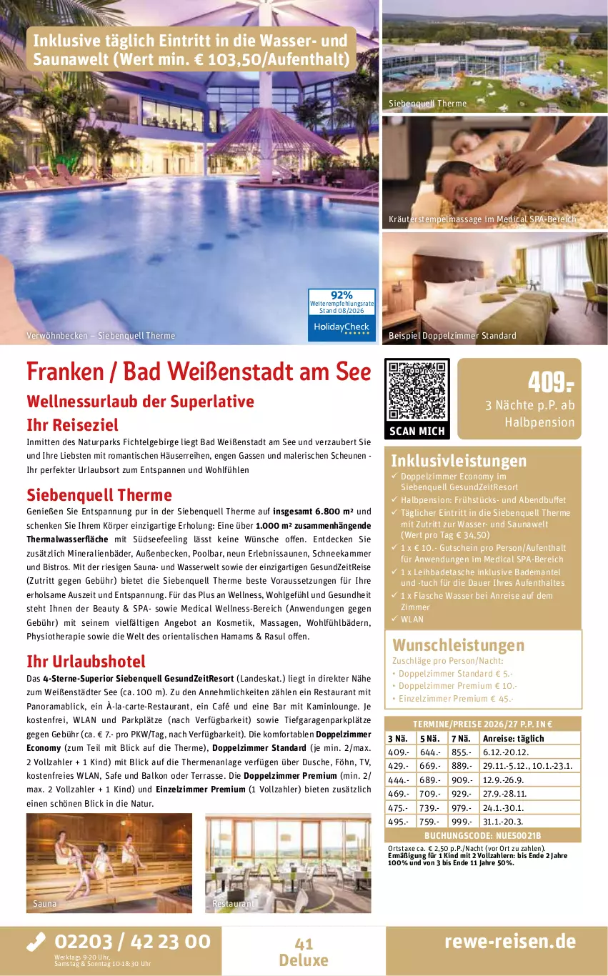 Aktueller Prospekt Rewe Reisen - Reiseprospekt - von 28.08 bis 25.09.2026 - strona 41 - produkty: Alwa, angebot, auer, axe, Bad, Bademantel, buch, decke, dusche, eis, flasche, Gesundheit, gutschein, hama, Heu, inklusivleistungen, Kamin, kosmetik, kräuter, LG, mab, mam, Mantel, natur, perla, pool, rama, reis, rwe, Tasche, Ti, tisch, tuc, uhr, wasser