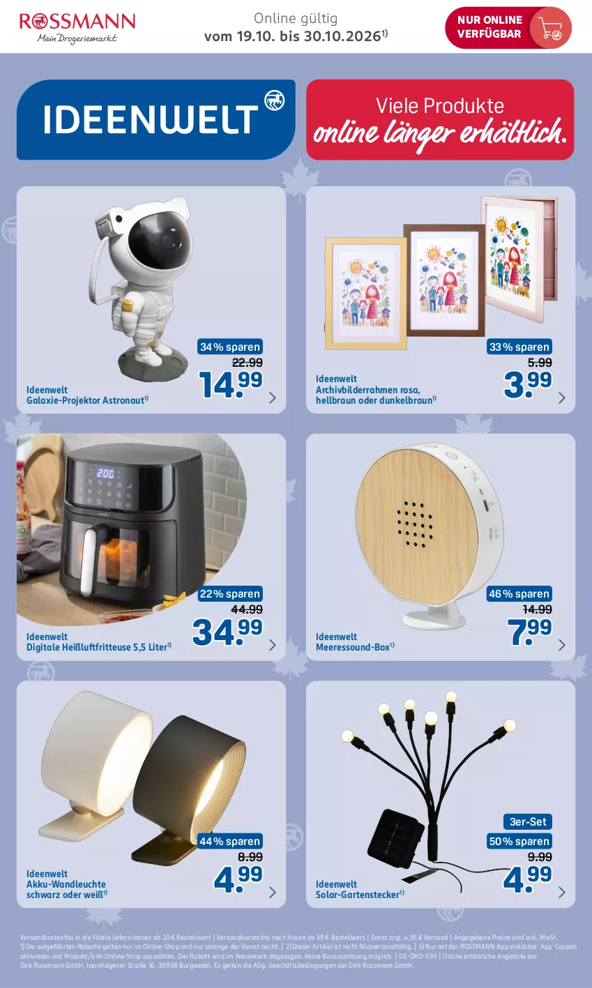 Aktueller Prospekt Rossmann - Prospekte - von 19.10 bis 30.10.2026 - strona 6 - produkty: akku, angebot, angebote, bilderrahmen, braun, coupon, eis, fritteuse, Garten, Heißluftfritteuse, korb, Leuchte, LG, ndk, Projektor, reis, Ti, versandkostenfrei, wedel