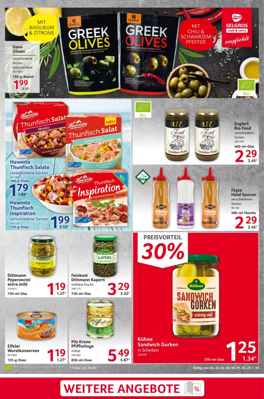 Aktueller Prospekt Selgros - Food - von 23.02 bis 01.03.2023 - strona 15 - produkty: basilikum, beutel, bio, cin, dittmann, feinkost, fisch, flasche, frucht, Konserven, krone, olive, oliven, Pfifferlinge, sauce, saucen, thunfisch, Ti, wurst, wurstkonserven, zitrone