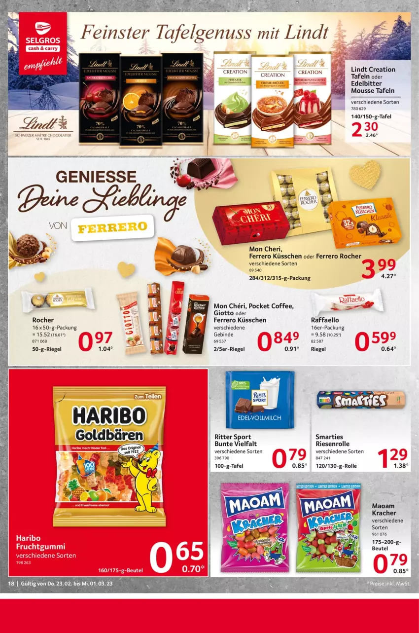 Aktueller Prospekt Selgros - Food - von 23.02 bis 01.03.2023 - strona 18 - produkty: beutel, cola, felgen, ferrero, Ferrero Küsschen, Ferrero Rocher, giotto, kracher, LG, lindt, maoam, mousse, nuss, raffaello, riegel, ritter, ritter sport, smarties, Sport, Ti