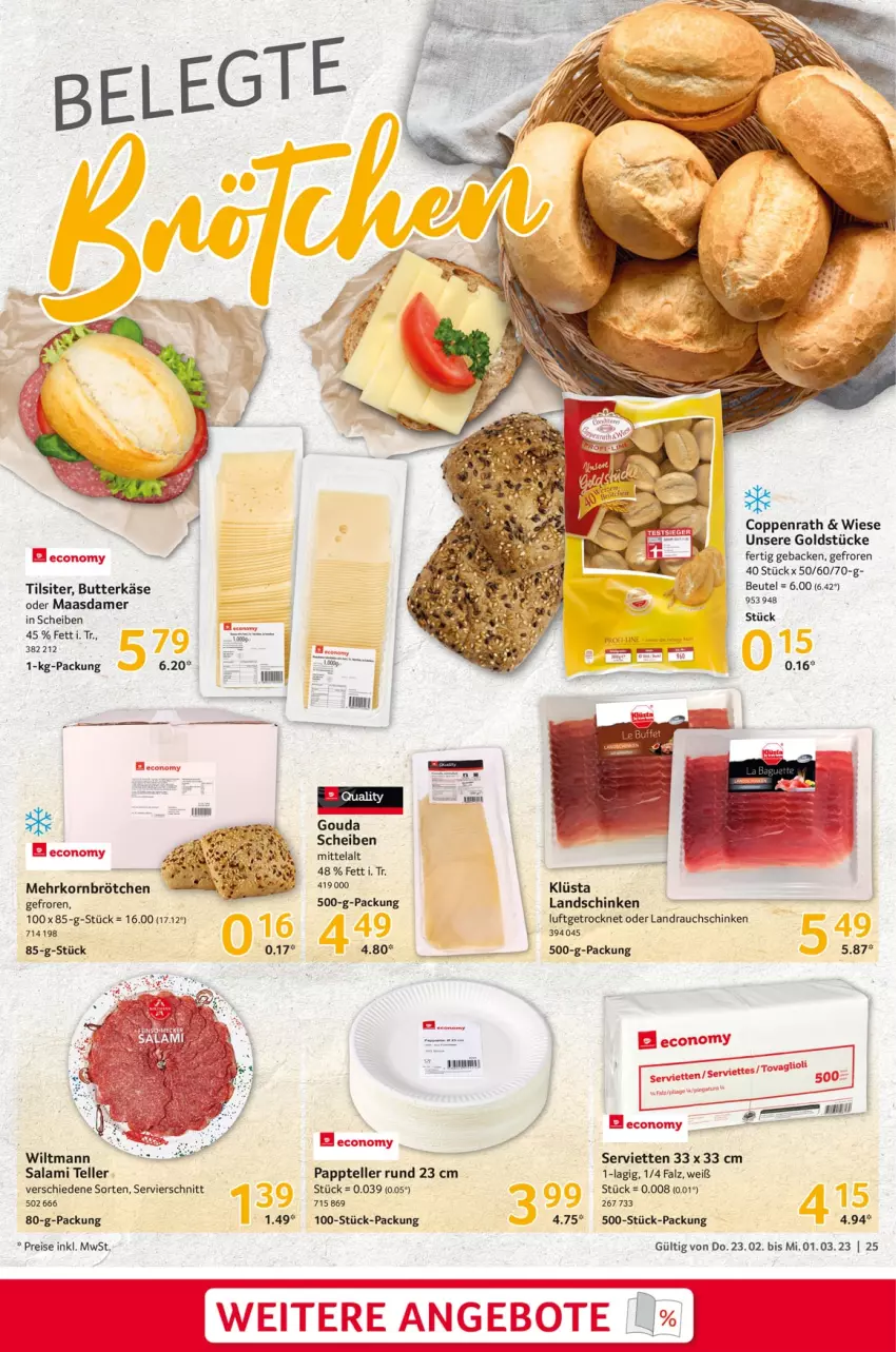 Aktueller Prospekt Selgros - Food - von 23.02 bis 01.03.2023 - strona 25 - produkty: angebot, angebote, beutel, brötchen, butter, butterkäse, coppenrath, eis, elle, geback, Goldstücke, gouda, Käse, korn, landschinken, Maasdam, maasdamer, mehrkornbrötchen, Rauch, reis, salami, schinken, Serviette, servietten, teller, Ti, Tilsiter, wiltmann