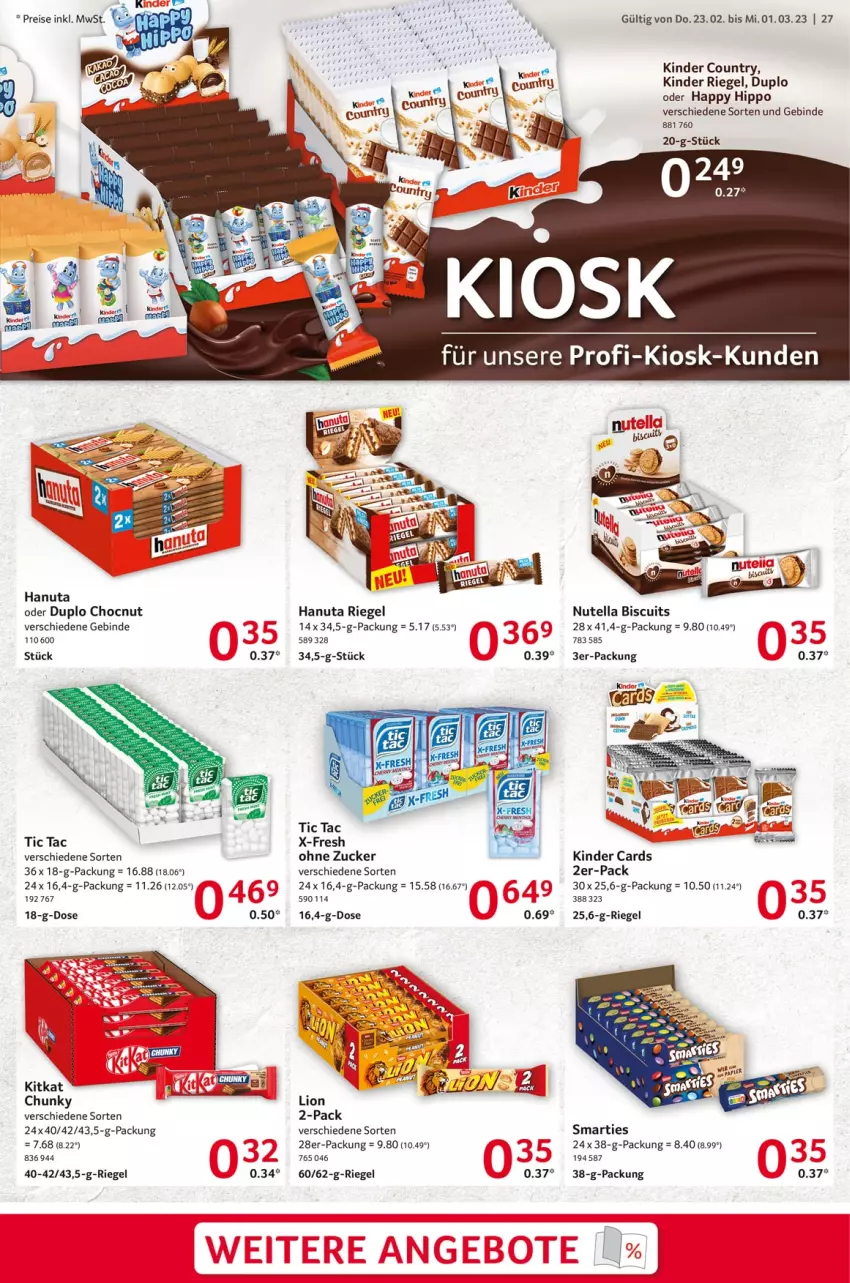 Aktueller Prospekt Selgros - Food - von 23.02 bis 01.03.2023 - strona 27 - produkty: duplo, hanuta, hipp, Kinder, kinder country, kinder riegel, kitkat, lion, nutella, riegel, smarties, Ti, zucker