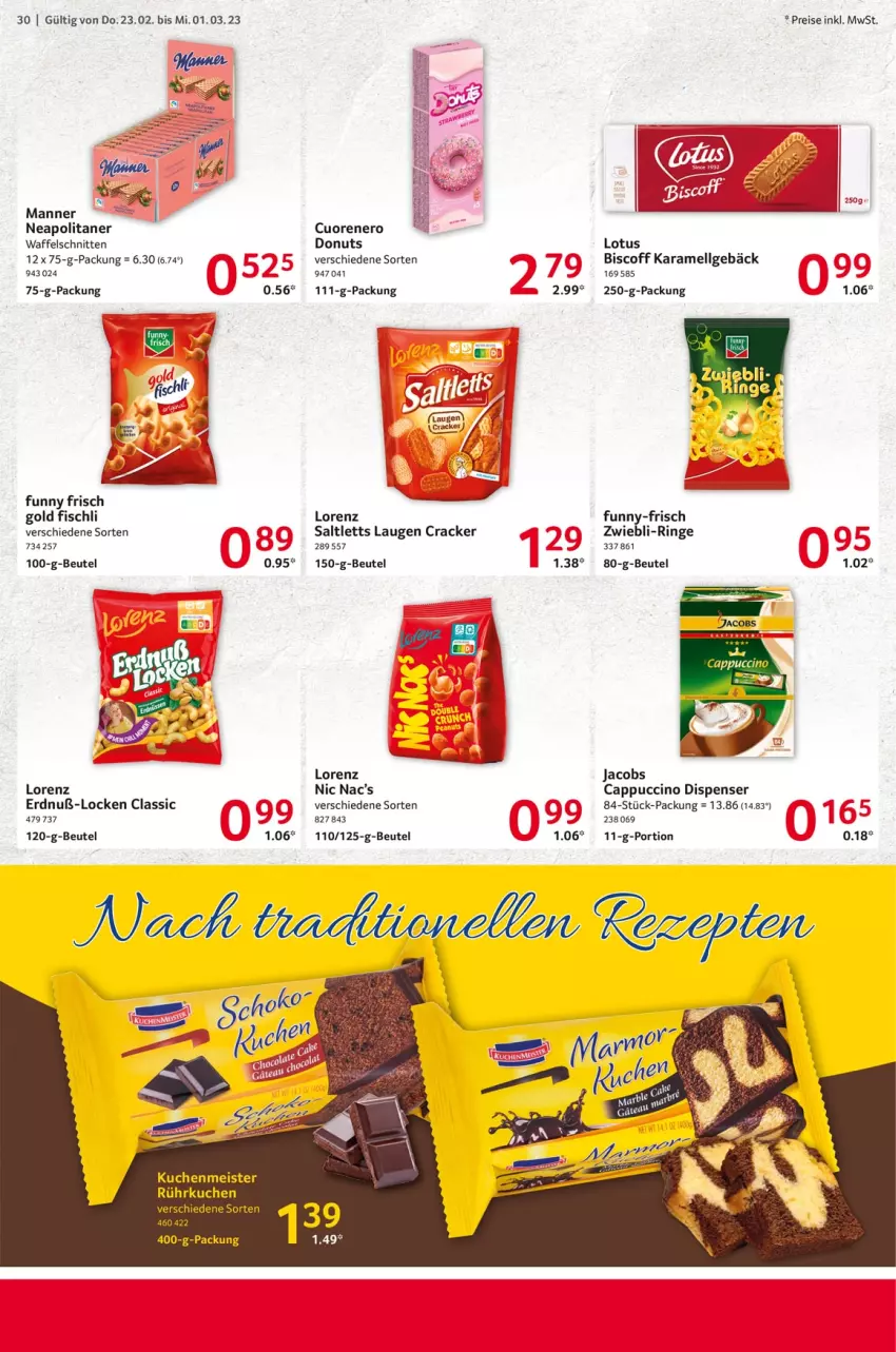 Aktueller Prospekt Selgros - Food - von 23.02 bis 01.03.2023 - strona 30 - produkty: beutel, biscoff, Cap, cappuccino, cin, cracker, Donut, donuts, eis, fisch, Funny Frisch, funny-frisch, jacobs, karamell, LG, lorenz, Manner, nero, reis, ring, saltletts, schnitten, tee, Ti, Waffelschnitte