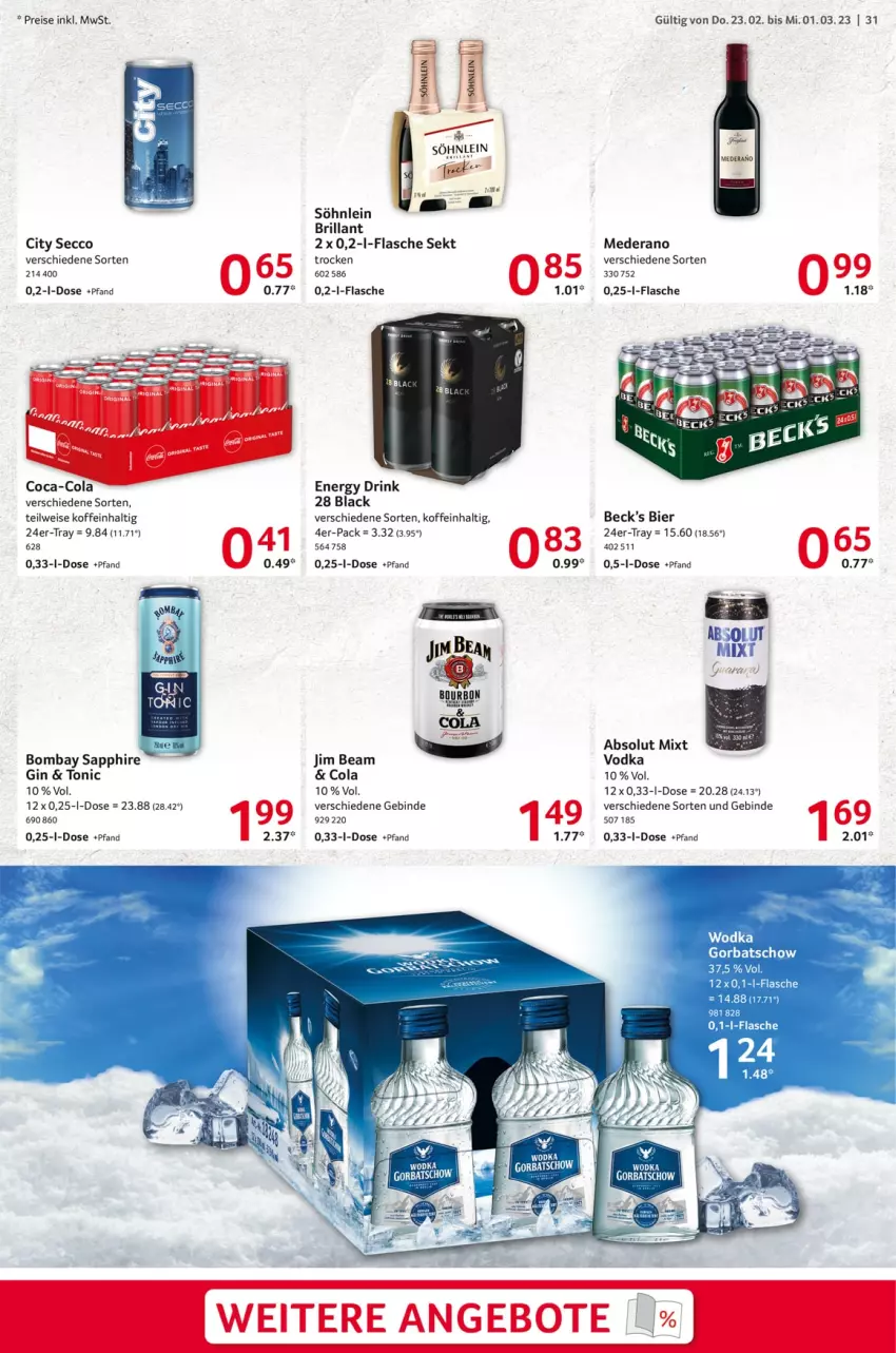 Aktueller Prospekt Selgros - Food - von 23.02 bis 01.03.2023 - strona 31 - produkty: angebot, angebote, bier, bombay sapphire, coca-cola, cola, drink, ecco, eis, energy drink, flasche, gin, Gorbatschow, jim beam, lack, reis, sapphire, sekt, söhnlein, söhnlein brillant, Ti, tonic, vodka