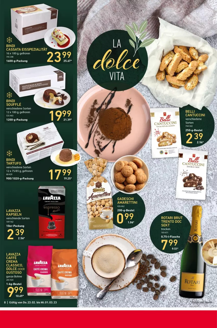 Aktueller Prospekt Selgros - Food - von 23.02 bis 01.03.2023 - strona 8 - produkty: beutel, bohne, caffe, cantuccini, Cap, cin, eis, flasche, lavazza, reis, rel, sekt, Tartufo, tee, Ti, tuc