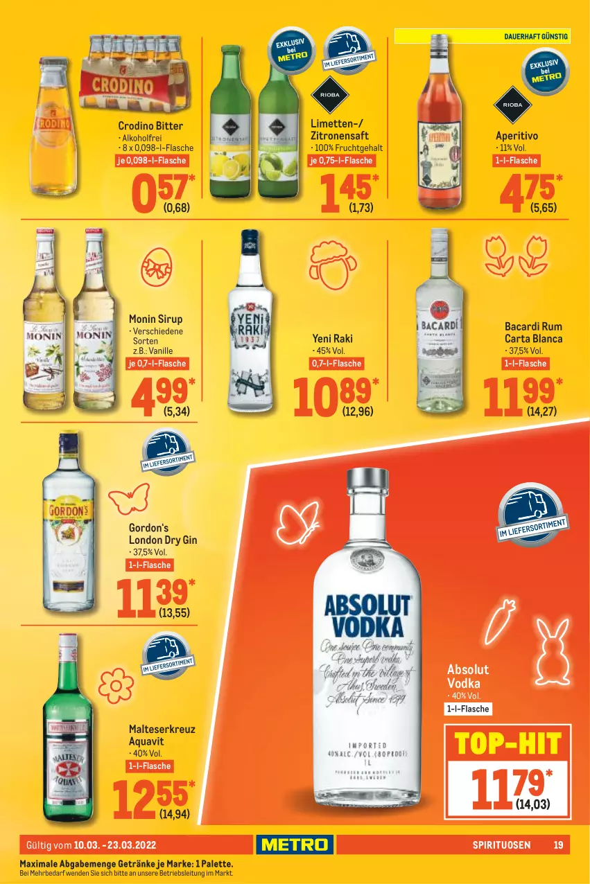 Aktueller Prospekt Metro - GastroJournal - von 10.03 bis 23.03.2022 - strona 19 - produkty: Absolut Vodka, alkohol, aqua, aquavit, bacardi, bacardi rum, dry gin, flasche, frucht, getränk, getränke, gin, gordon, limette, limetten, london dry, london dry gin, malteser, Mett, metten, monin, Palette, rum, saft, sirup, spirituosen, Ti, top-hit, vanille, vodka, yeni raki, zitrone, zitronen, zitronensaft