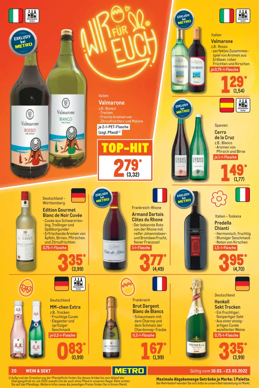 Aktueller Prospekt Metro - GastroJournal - von 10.03 bis 23.03.2022 - strona 20 - produkty: Birnen, brut, brut dargent, burgunder, chardonnay, chia, chianti, cuvée, de blancs, dell, eis, elle, ente, flasche, frucht, früchte, früchten, getränk, getränke, henkel, henkell, henkell sekt, kirsch, kirsche, kirschen, mac, melone, Palette, pet-flasche, pfirsich, pfirsiche, regal, reis, riesling, rwe, schwarzriesling, sekt, spätburgunder, Ti, top-hit, trolli, trollinger, wein, weine