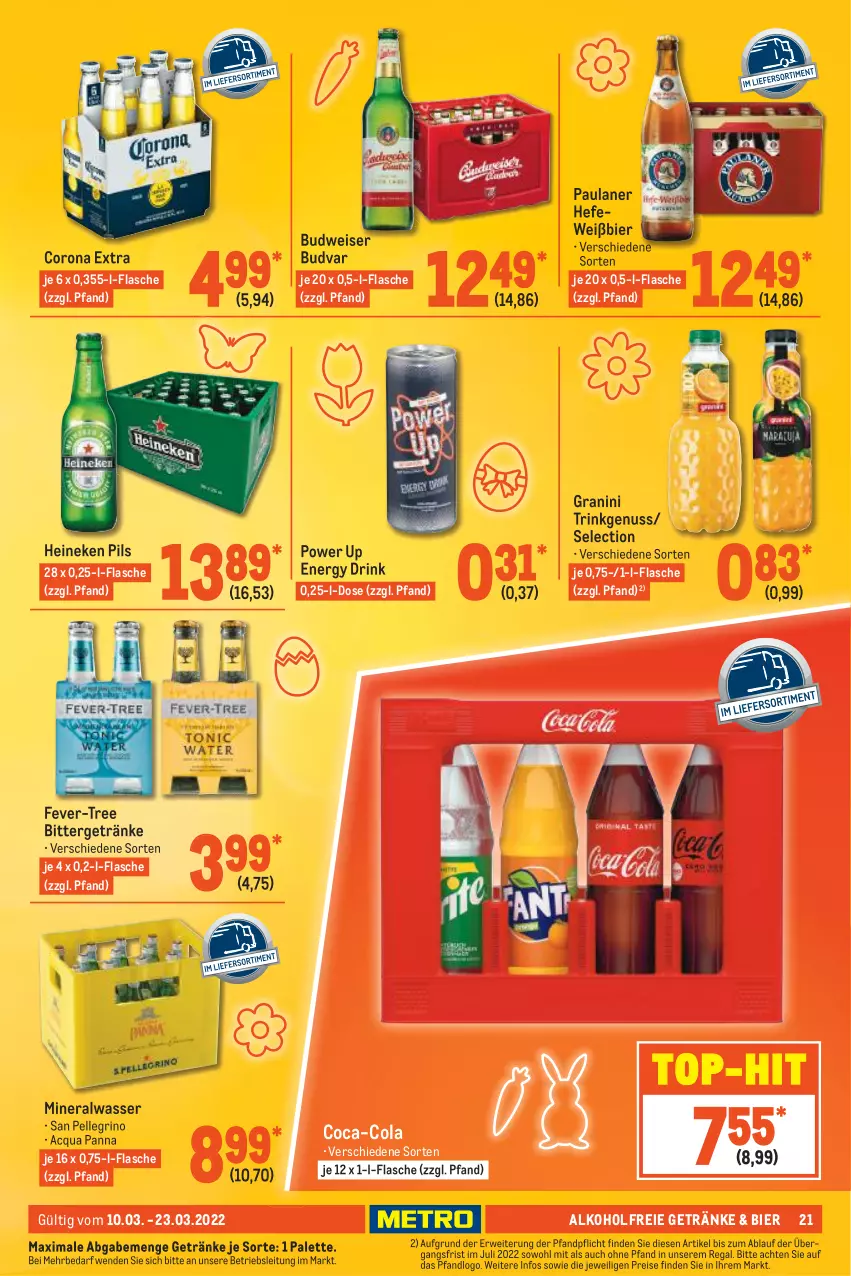 Aktueller Prospekt Metro - GastroJournal - von 10.03 bis 23.03.2022 - strona 21 - produkty: alkohol, alkoholfreie getränke, Alwa, bier, budweiser, coca-cola, cola, corona, corona extra, drink, eis, elle, energy drink, fever-tree, flasche, getränk, getränke, granini, Hefe, heineken, mineralwasser, nuss, Palette, Paula, paulaner, pils, regal, reis, rwe, san pellegrino, Ti, top-hit, wasser