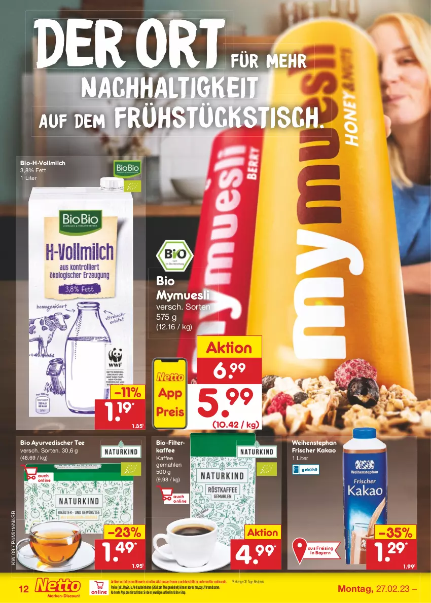 Aktueller Prospekt Netto Marken-Discount - Filial-Angebote - von 27.02 bis 04.03.2023 - strona 12 - produkty: bestpreis, bio, eis, filterkaffee, kaffee, kakao, milch, ndk, reis, tee, Ti, tisch, vollmilch, weihenstephan