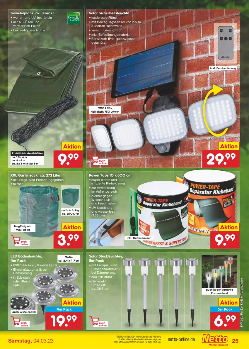 Aktueller Prospekt Netto Marken-Discount - Filial-Angebote - von 27.02 bis 04.03.2023 - strona 25 - produkty: akku, angebot, auto, Bewegungssensor, edelstahl, ente, fernbedienung, Garten, Gartensack, Gewebeplane, leds, Leuchte, leuchten, messer, Ria, sac, Schal, Stier, Ti, wasser, ZTE