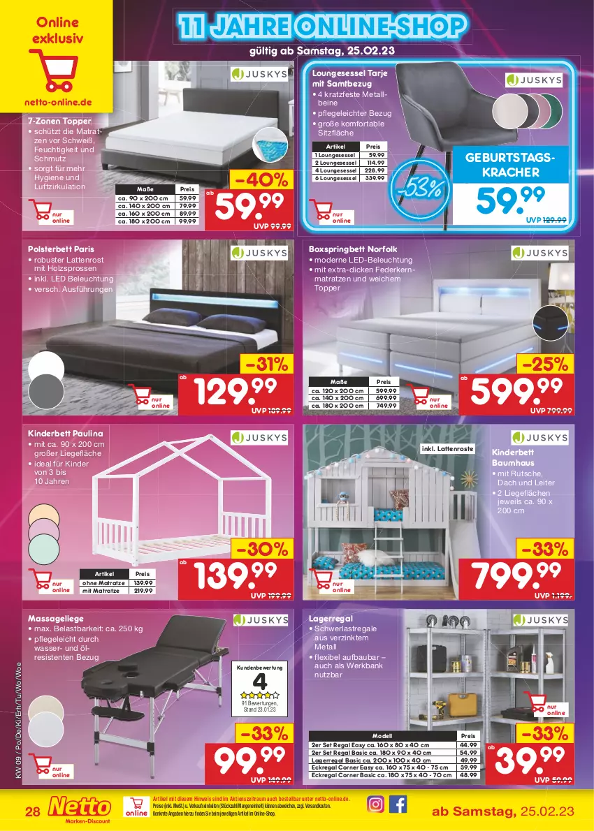 Aktueller Prospekt Netto Marken-Discount - Filial-Angebote - von 27.02 bis 04.03.2023 - strona 28 - produkty: Bank, Bau, beleuchtung, bett, boxspringbett, dell, Eckregal, eis, ente, federkern, federkernmatratze, Holz, kernmatratze, Kinder, Kinderbett, kracher, latte, lattenrost, led-beleuchtung, Liege, loungesessel, matratze, matratzen, Mode, ndk, ohne matratze, polsterbett, regal, reis, ring, schwerlastregal, sessel, Ti, topper, wasser