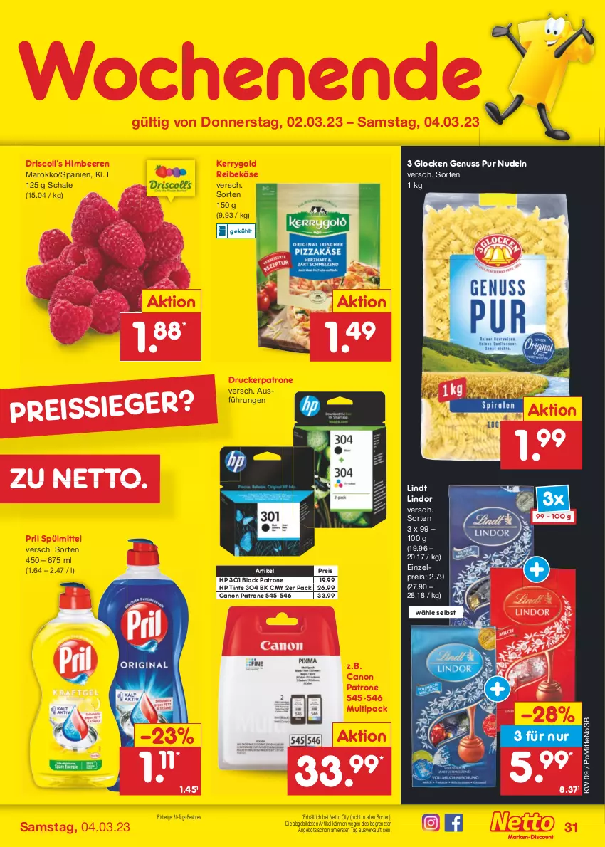 Aktueller Prospekt Netto Marken-Discount - Filial-Angebote - von 27.02 bis 04.03.2023 - strona 31 - produkty: angebot, beere, beeren, bestpreis, canon, drucker, eis, himbeer, himbeere, himbeeren, HP, Käse, kerrygold, lack, lindor, lindt, nudel, nudeln, nuss, pril, Reibekäse, reis, reiss, Schal, Schale, spülmittel, Ti, ZTE