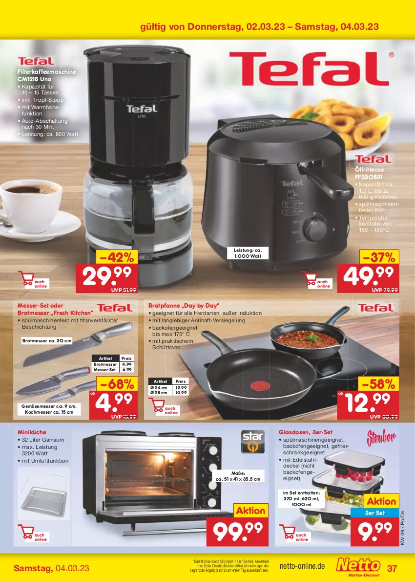 Aktueller Prospekt Netto Marken-Discount - Filial-Angebote - von 27.02 bis 04.03.2023 - strona 37 - produkty: angebot, auto, backofen, bratpfanne, brot, decke, Deckel, edelstahl, eis, filterkaffee, fritteuse, garraum, gefrierschrank, herdarten, kaffee, kaffeemaschine, korb, küche, messer, Ofen, pfanne, pommes, reis, Schal, Schrank, spülmaschinen, tasse, Ti, tisch, ZTE