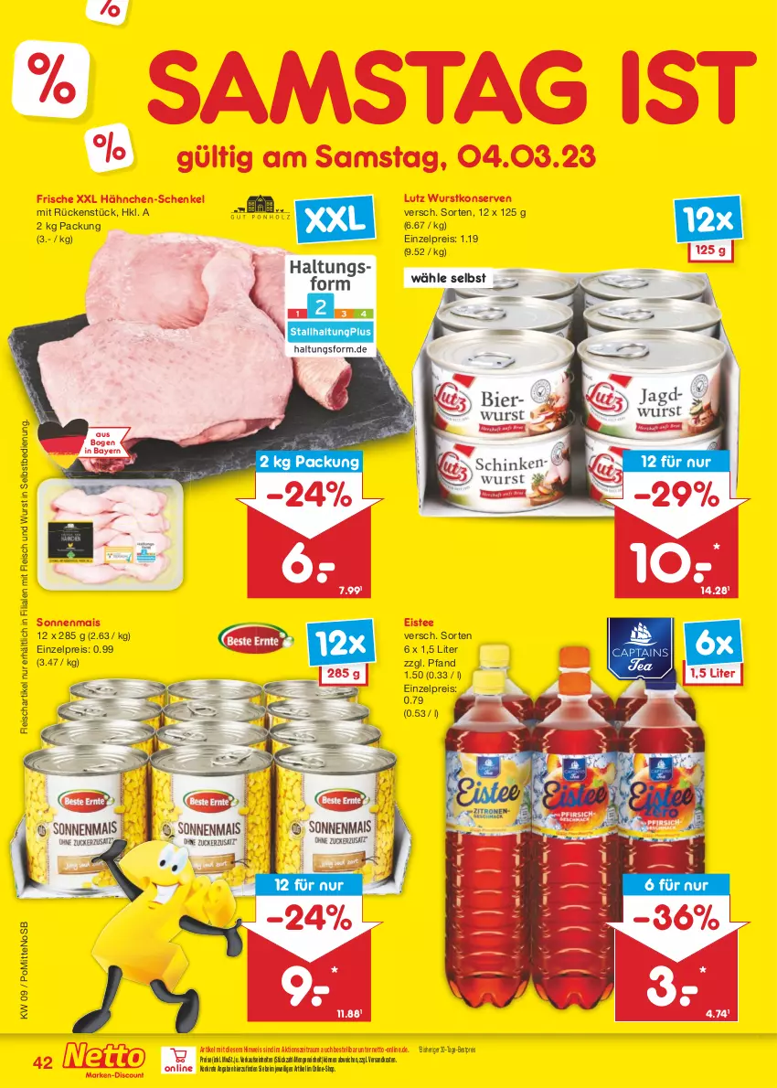 Aktueller Prospekt Netto Marken-Discount - Filial-Angebote - von 27.02 bis 04.03.2023 - strona 42 - produkty: bestpreis, eis, eistee, fleisch, hähnchen-schenkel, henkel, Konserven, mais, ndk, reis, schenkel, tee, Ti, wurst, wurst in selbstbedienung, wurstkonserven