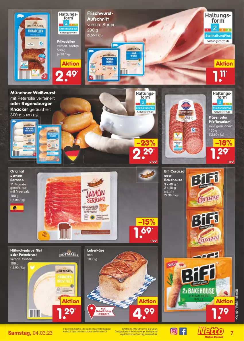 Aktueller Prospekt Netto Marken-Discount - Filial-Angebote - von 27.02 bis 04.03.2023 - strona 7 - produkty: angebot, aufschnitt, bestpreis, bifi, brustfilet, burger, dell, eis, elle, filet, frikadellen, gin, hähnchenbrust, hähnchenbrustfilet, jamón serrano, Käse, knacker, leberkäs, leberkäse, meersalz, petersilie, pfeffer, pute, putenbrust, regensburger, reis, ring, salami, salz, serrano, Ti, Weißwurst, wurst, ZTE