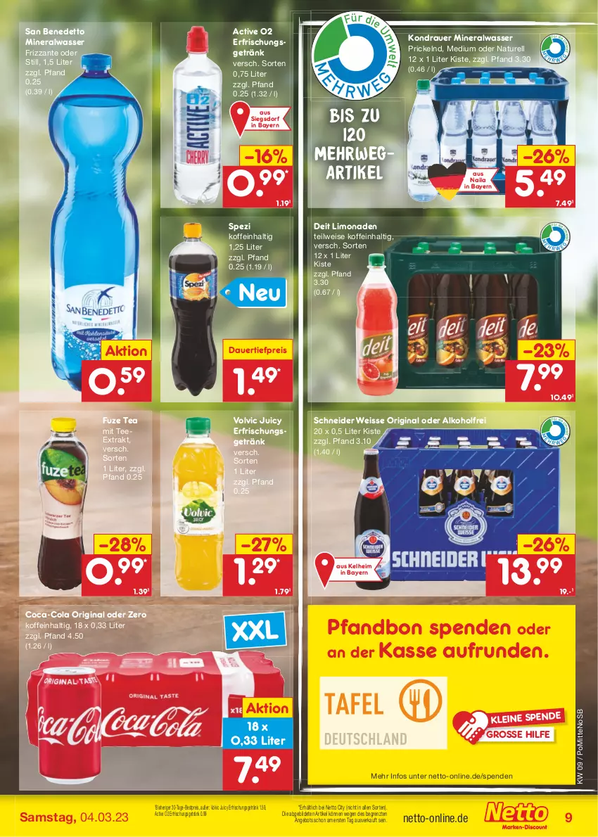 Aktueller Prospekt Netto Marken-Discount - Filial-Angebote - von 27.02 bis 04.03.2023 - strona 9 - produkty: alkohol, Alwa, angebot, auer, bestpreis, coca-cola, cola, dauertiefpreis, deit, eis, erfrischungsgetränk, frizzante, fuze tea, getränk, gin, leine, limo, limonade, limonaden, mineralwasser, natur, reis, rel, rwe, Spezi, tee, Ti, tiefpreis, volvic, wasser, ZTE