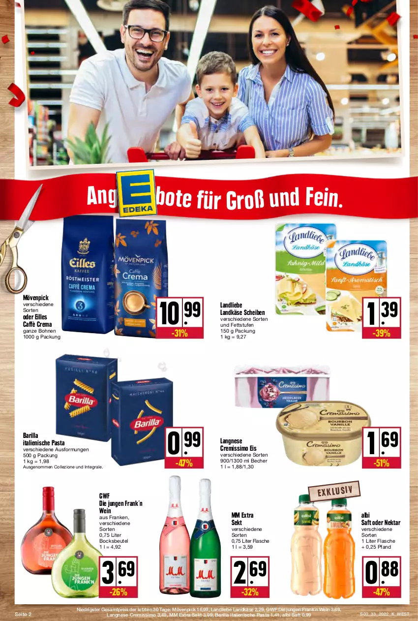 Aktueller Prospekt Kupsch - Angebote der Woche - von 16.08 bis 20.08.2022 - strona 2 - produkty: barilla, Becher, beutel, bohne, bohnen, caffè crema, cremissimo, eis, flasche, italienische pasta, Käse, landkäse, landliebe, langnese, langnese cremissimo, mm extra, mövenpick, ndk, Nektar, pasta, reis, saft, sekt, sim, wein, ZTE