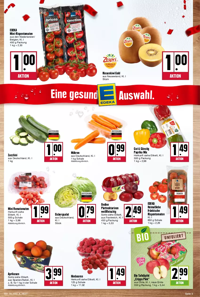 Aktueller Prospekt Kupsch - Angebote der Woche - von 16.08 bis 20.08.2022 - strona 3 - produkty: aprikose, aprikosen, beere, beeren, bio, deka, eis, eisbergsalat, Elan, fleisch, himbeer, himbeere, himbeeren, kiwi, Kiwi Gold, LG, mini-rispentomaten, möhren, Nektar, nektarinen, paprika, paprika mix, rispentomaten, Romatomaten, salat, Schal, Schale, tafeläpfel, Ti, tomate, tomaten, zucchini