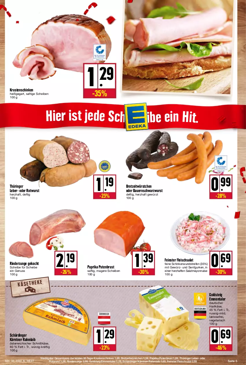 Aktueller Prospekt Kupsch - Angebote der Woche - von 16.08 bis 20.08.2022 - strona 5 - produkty: auer, Bau, Bauer, brot, eis, emmentaler, fleisch, fleischsalat, gewürz, goldsteig, gurke, gurken, hartkäse, Käse, Krustenschinken, mayonnaise, nuss, österreichischer schnittkäse, paprika, pute, putenbrust, reifen, reis, rind, rinder, Rinderzunge, ring, Rotwurst, saft, salat, Schärdinger, schinken, schinkenwurst, schnittkäse, Schwarzwurst, senf, Ti, Vegeta, wurst, würstchen, Yo, ZTE