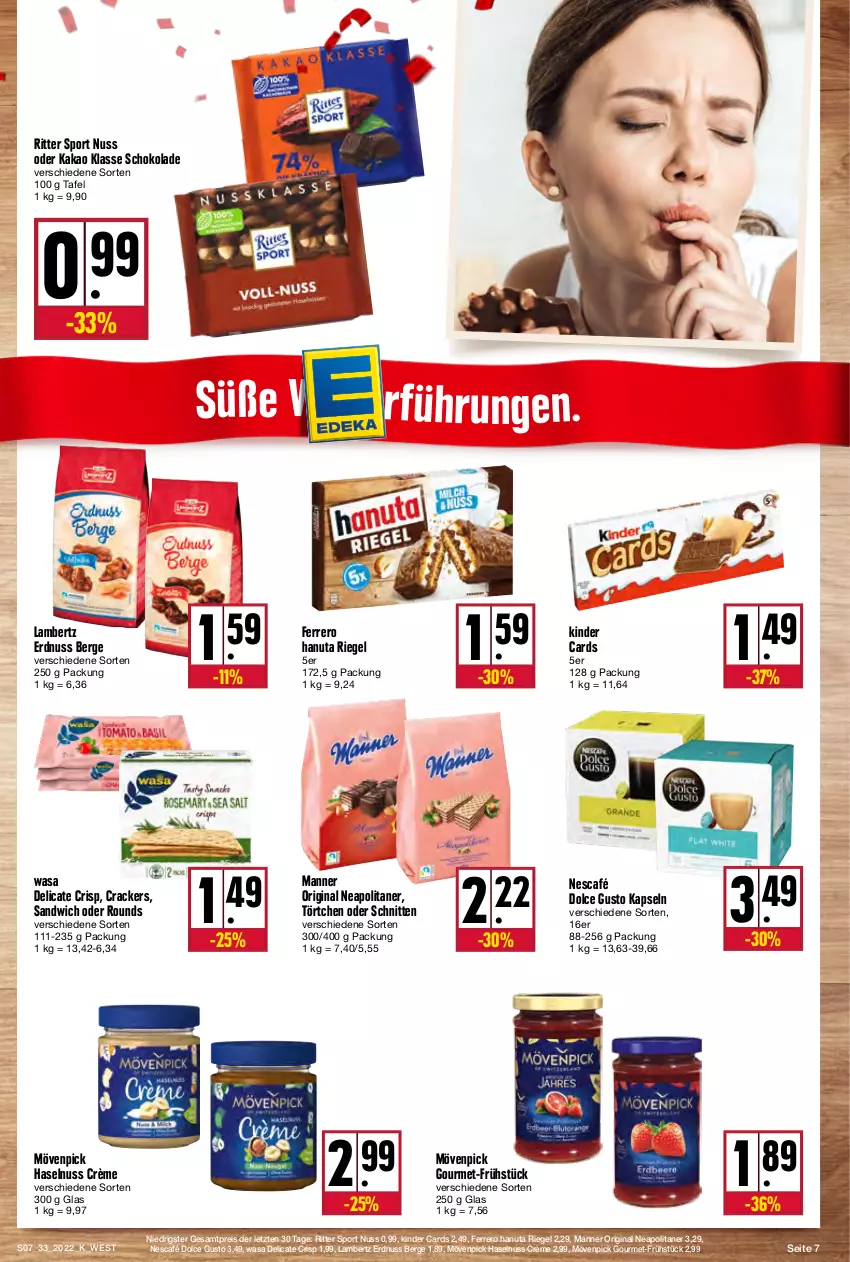 Aktueller Prospekt Kupsch - Angebote der Woche - von 16.08 bis 20.08.2022 - strona 7 - produkty: Amber, cracker, dolce gusto, eis, erdnuss, ferrero, gin, hanuta, haselnuss, kakao, Kinder, lambertz, Manner, mövenpick, Nescafé, nuss, reis, riegel, ritter, ritter sport, sandwich, schnitten, schoko, schokolade, Sport, Törtchen, wasa, ZTE