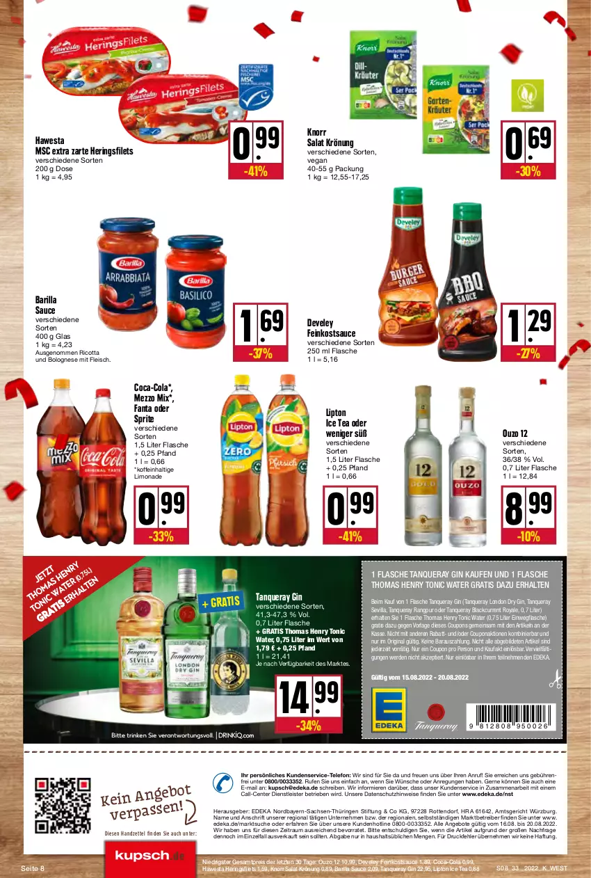 Aktueller Prospekt Kupsch - Angebote der Woche - von 16.08 bis 20.08.2022 - strona 8 - produkty: angebot, angebote, Astra, barilla, bolognese, coca-cola, cola, coupon, coupons, deka, develey, dry gin, eis, ente, erde, fanta, fanta oder, fanta oder sprite, feinkost, filet, filets, flasche, fleisch, gin, hawesta, hering, Herings, heringsfilets, ice tea, knorr, lack, limo, limonade, lipton, lipton ice tea, london dry, london dry gin, Mezzo Mix, oder sprite, ouzo, ouzo 12, Rauch, reis, ricotta, ring, sac, salat, sauce, sprite, Tanqueray, telefon, thomas henry, Ti, tonic, tonic water, ZTE