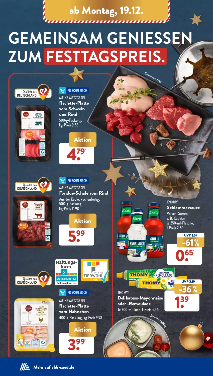 Aktueller Prospekt AldiSud - NÄCHSTE WOCHE - von 19.12 bis 24.12.2022 - strona 12 - produkty: aldi, cocktail, eis, flasche, fleisch, Fondue, knorr, küche, Küchen, latte, mayonnaise, reis, remoulade, rind, sauce, Schal, Schale, schlemmersauce, schwein, schwein und rind, thomy, Ti, vom schwein und rind, wein, Yo