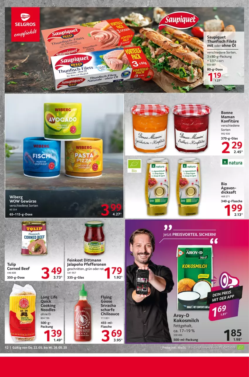Aktueller Prospekt Selgros - Food - von 22.05 bis 28.05.2025 - strona 12 - produkty: ACC, agaven, beef, bio, bonne maman, chili, corned beef, dicksaft, dittmann, feinkost, filet, filets, fisch, flasche, gewürz, kokos, kokosmilch, konfitüre, mam, milch, natur, natura, nuk, pfeffer, pfefferonen, saft, sauce, saupiquet, schnitten, Sriracha, tee, thunfisch, thunfisch filets, Ti, tulip, Yo