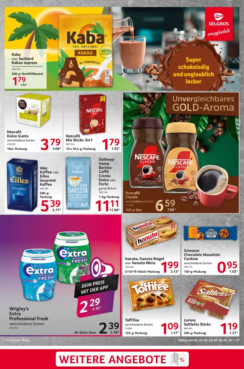 Aktueller Prospekt Selgros - Food - von 22.05 bis 28.05.2025 - strona 17 - produkty: beutel, bohne, caffe, cola, cookie, cookies, dallmayr, dolce gusto, eilles gourmet, griesson, hanuta, kaffee, kakao, lorenz, nescafe, riegel, saltletts, schoko, Ti, toffifee