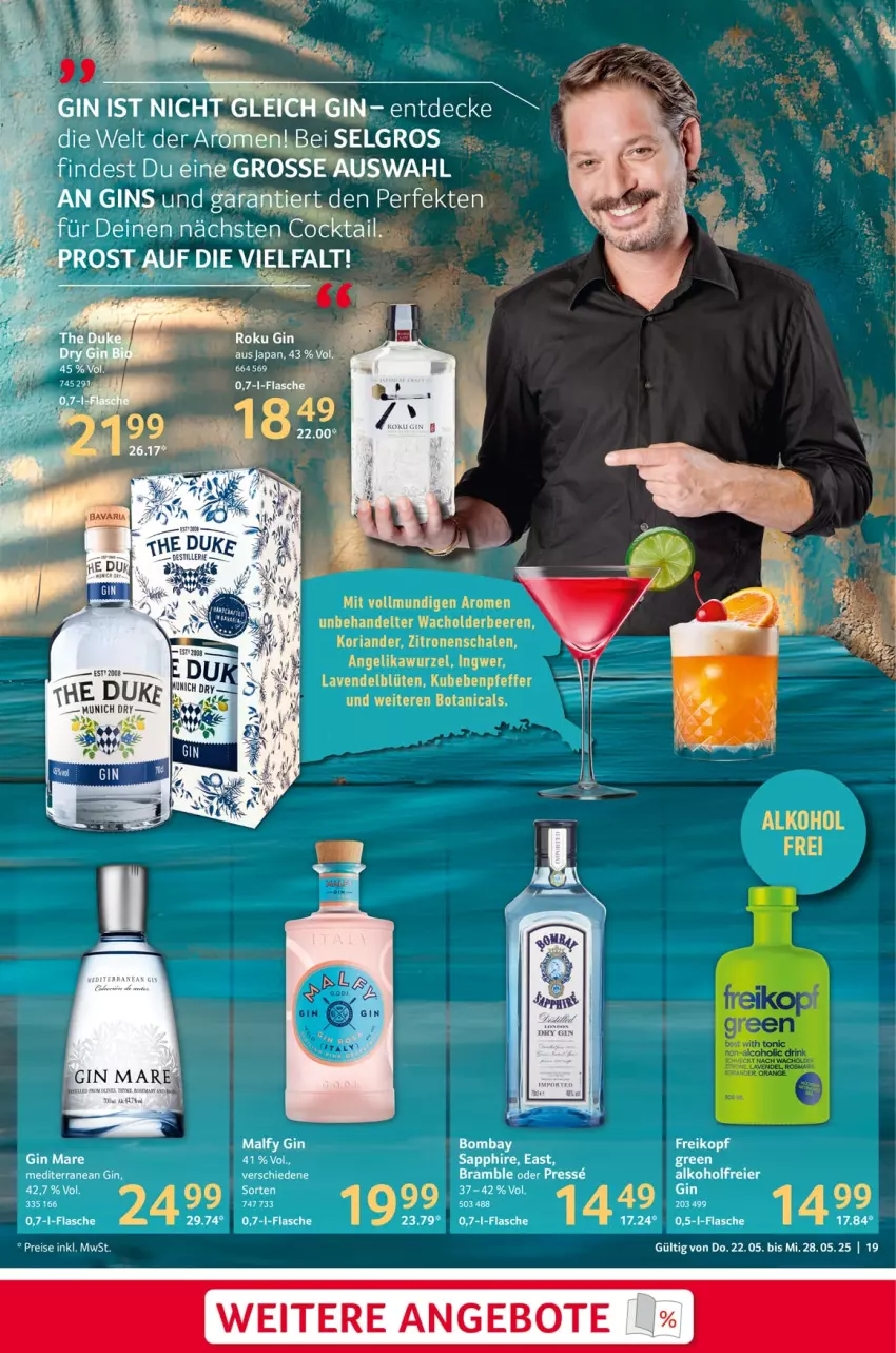 Aktueller Prospekt Selgros - Food - von 22.05 bis 28.05.2025 - strona 19 - produkty: alkohol, beere, beeren, eier, flasche, gin, gin mare, ingwer, Koriander, Ria, rind, sapphire, Schal, Schale, Ti, zitrone, zitronen