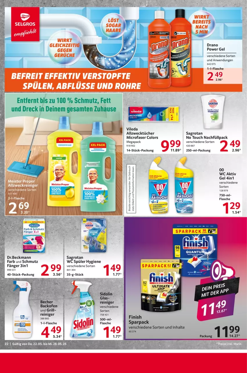 Aktueller Prospekt Selgros - Food - von 22.05 bis 28.05.2025 - strona 22 - produkty: Allzwecktücher, backofen, eis, Finish, flasche, grill, LG, Meister, Ofen, reiniger, sagrotan, sidolin, Ti, tücher, vileda, weck