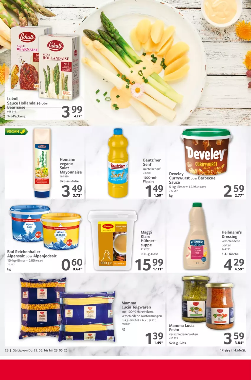 Aktueller Prospekt Selgros - Food - von 22.05 bis 28.05.2025 - strona 28 - produkty: Bad, barbecue, Bau, beutel, curry, currywurst, dressing, eimer, eis, flasche, hartweizen, hollandaise, homann, hühner, lukull, maggi, mam, mayonnaise, pesto, reis, salat, salz, sauce, sauce hollandaise, senf, suppe, teigwaren, Ti, wurst, Yo