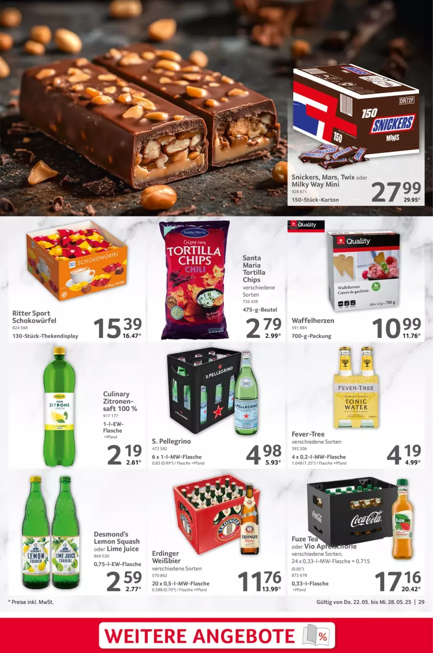 Aktueller Prospekt Selgros - Food - von 22.05 bis 28.05.2025 - strona 29 - produkty: beutel, bier, chips, eis, elle, erdinger, fever-tree, flasche, mars, milky way, mw-flasche, Rauch, reis, Ria, ritter, ritter sport, saft, schoko, schokowürfel, snickers, Sport, Ti, tonic, tonic water, tortilla, Tortilla Chips, twix, würfel, zitrone, zitronen