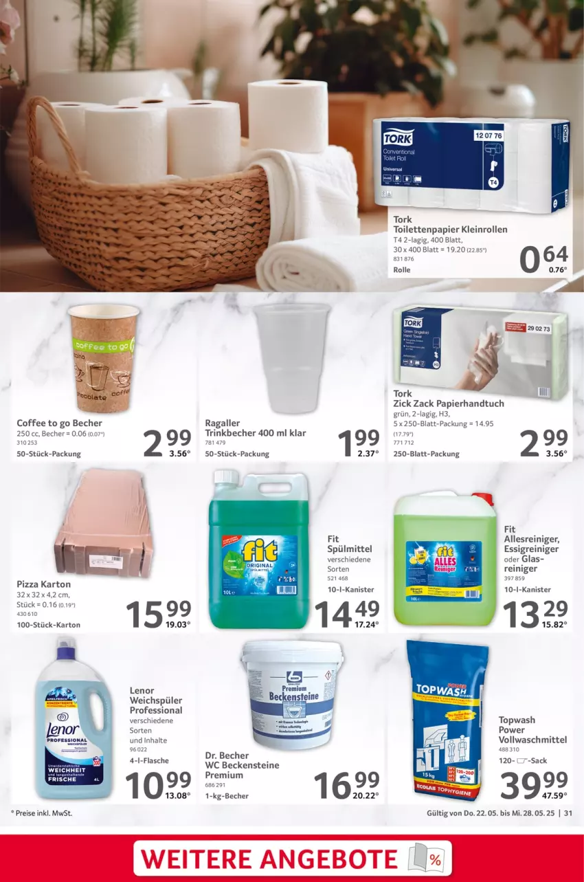 Aktueller Prospekt Selgros - Food - von 22.05 bis 28.05.2025 - strona 31 - produkty: Becher, eis, essig, flasche, handtuch, lenor, papier, reiniger, reis, sac, spülmittel, Ti, toilettenpapier, trinkbecher, tuc, vollwaschmittel, waschmittel, weichspüler