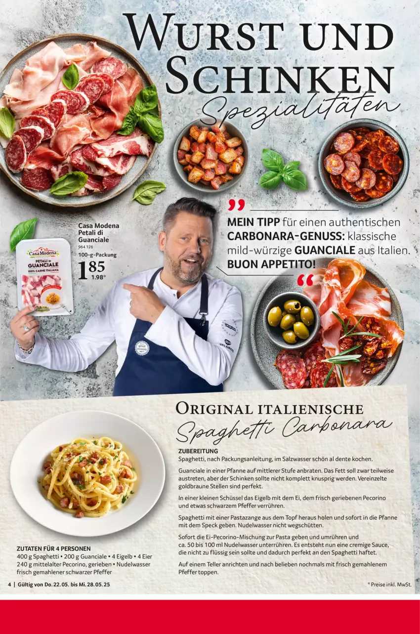 Aktueller Prospekt Selgros - Food - von 22.05 bis 28.05.2025 - strona 4 - produkty: Anrichte, aust, Bona, braten, braun, eis, elle, ente, erde, gin, Hefe, leine, Mode, nudel, nuss, pasta, Pecorino, pfanne, pfeffer, reis, salz, sauce, schinken, schüssel, spaghetti, Speck, teller, Ti, tisch, topf, wasser, Zelt