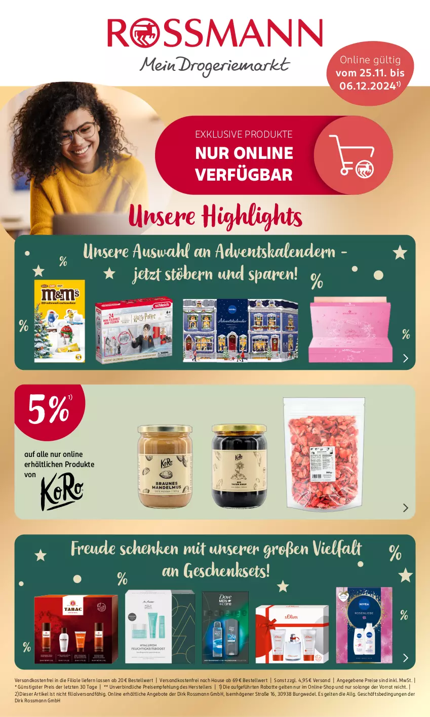 Aktueller Prospekt Rossmann - Prospekte - von 25.11 bis 06.12.2024 - strona 1 - produkty: Adventskalender, angebot, angebote, eis, elle, geschenkset, LG, ndk, reis, teller, Ti, versandkostenfrei, wedel, ZTE