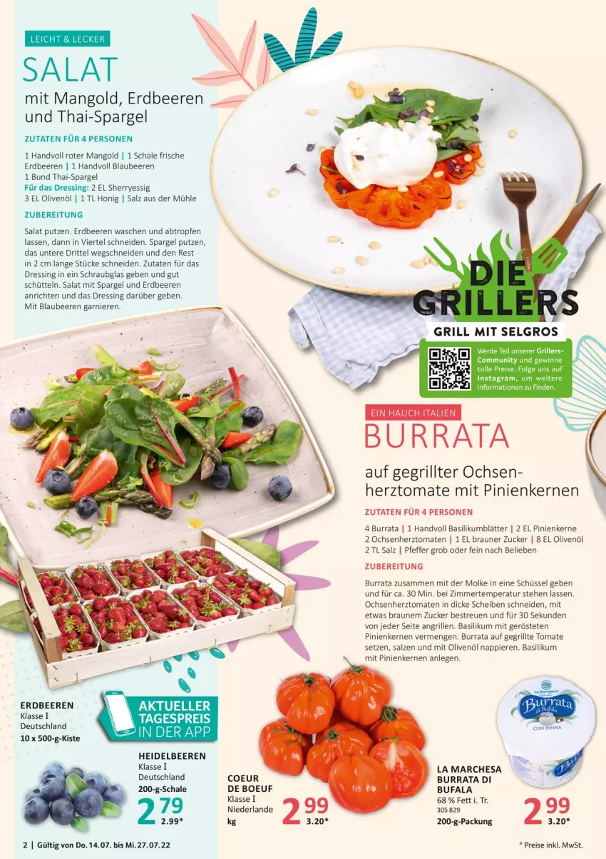 Aktueller Prospekt Selgros - Sommerrezepte - von 14.07 bis 27.07.2022 - strona 2 - produkty: Anrichte, basilikum, beere, beeren, Blaubeer, blaubeere, braun, Burrata, dressing, eis, elle, erdbeere, erdbeeren, erde, essig, garnier, grill, heidelbeere, heidelbeeren, honig, LG, mango, olive, oliven, olivenöl, pfeffer, pinienkerne, reis, salat, salz, Schal, Schale, schüssel, spargel, Ti, tomate, tomaten, zucker